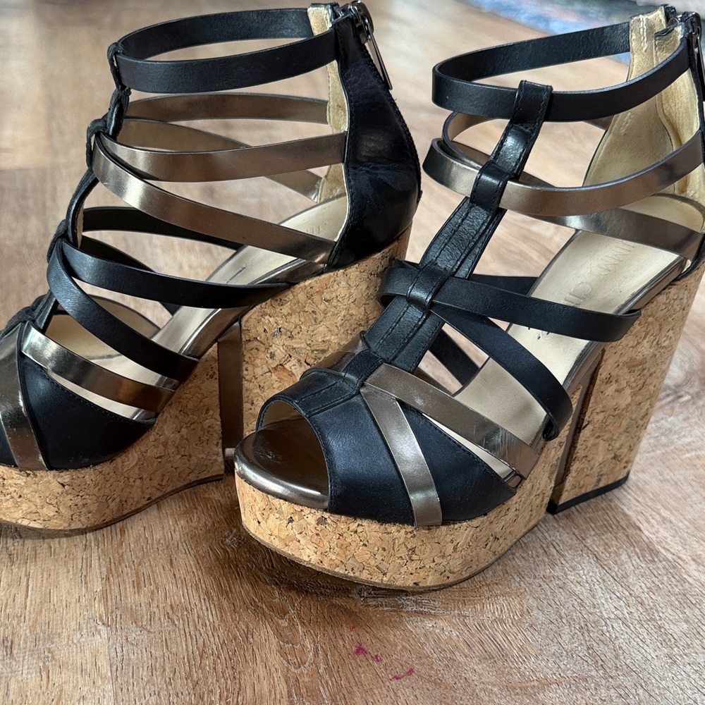 JIMMY CHOO Black and Bronze Strappy Wedge Sandals - Picture 4 of 5